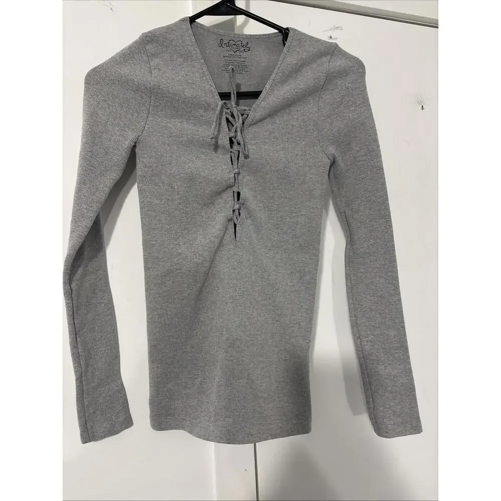 Free People Seamless Lace Up Layering Top Long Sleeve Bodycon Grey‎ Size XS/S